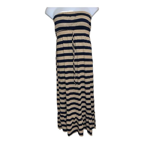 MAXI DRESS Braided Optional STRAPS ELASTIC WAIST Tie NAVY BLUE TAN Striped - Picture 2 of 4